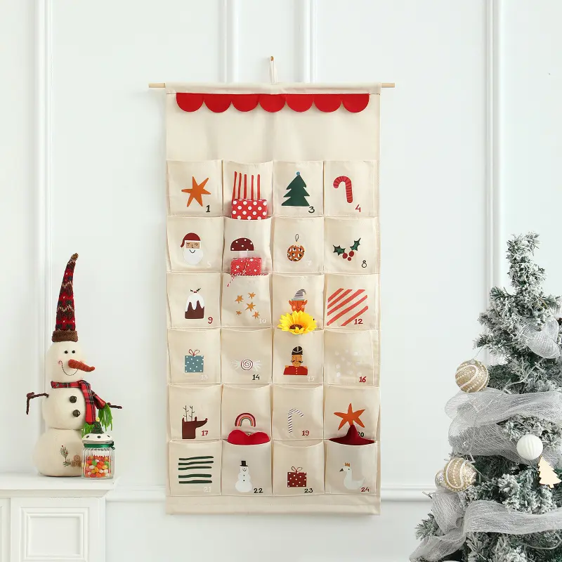 Fabric Countdown Calendar - 50x110cm Reusable Festive Fabric Storage Bag   24 Days Countdown To Christmas Wall Calendar With Pockets  For Chocolate Candy Cookie Toy Treat Party Favors