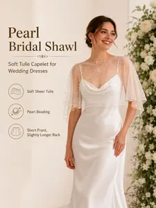 Sheer Pearl Tulle Bridal Capelet, Faux Pearl Beaded Mesh Wedding Shawl, Short Front Long Back Elegant Boat Neck Cover Up, Lightweight Bridal Wrap for Wedding Ceremony Reception Photoshoot, Women Bridal Wedding Accessories