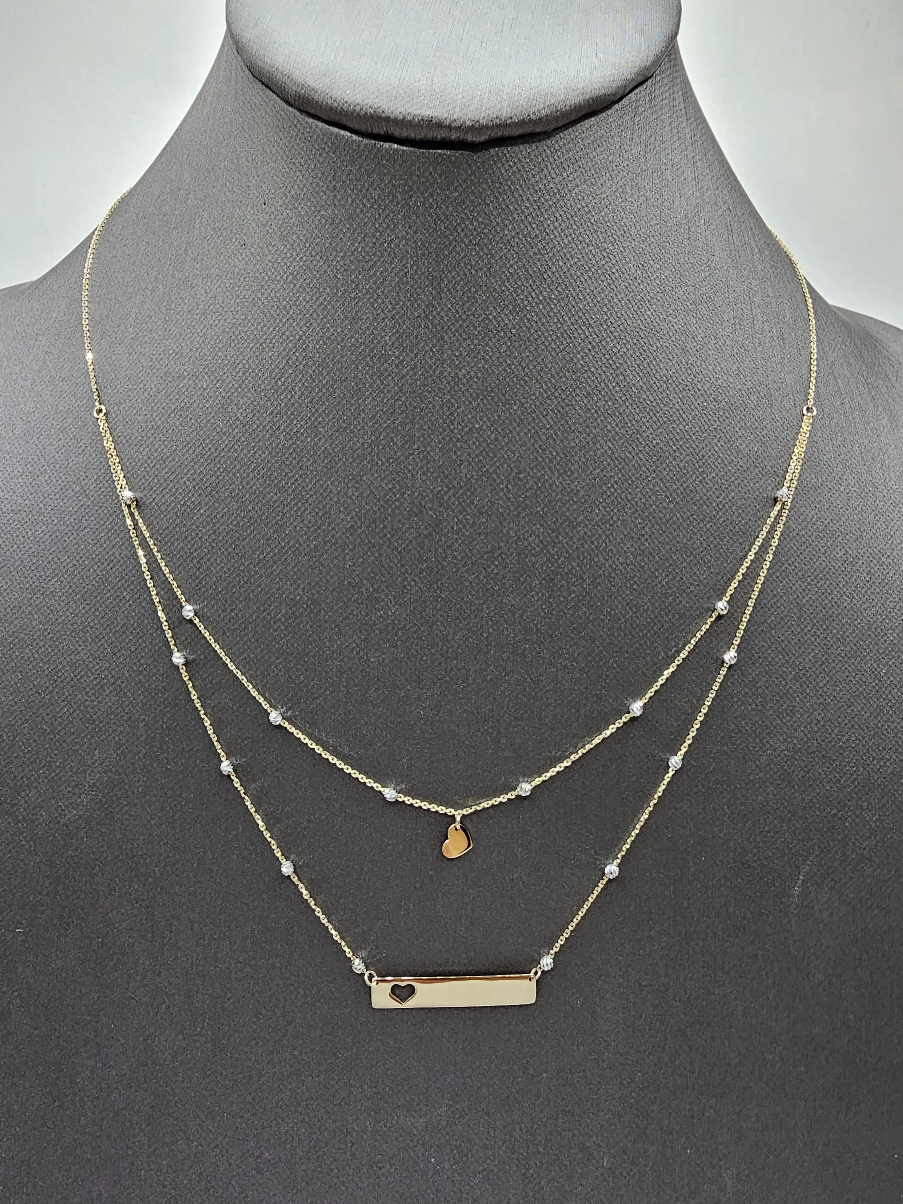 14K Gold Necklace - Heart Design with Layered Bead Accents and Horizontal Bar Charm