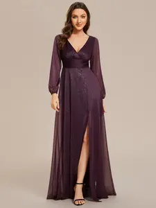 Ever-Pretty Evening Dress with Deep V Neckline Long Puff Sleeves Thigh-High Slit Shimmery Glitter Fabric Delicate Ruching in Waist Perfect for Prom dresses Cocktail Dress ,Womenswear 00739