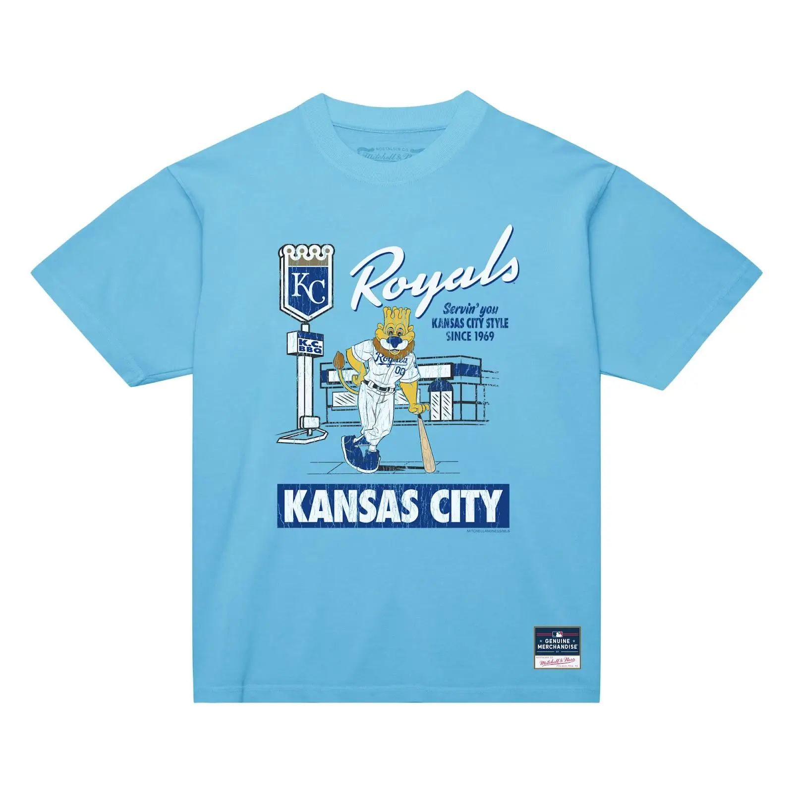 Kansas City Royals Light Blue Deli Arch T-Shirt MLB Throwback Tee Graphic Vintage Fan Gear Mitchell & Ness