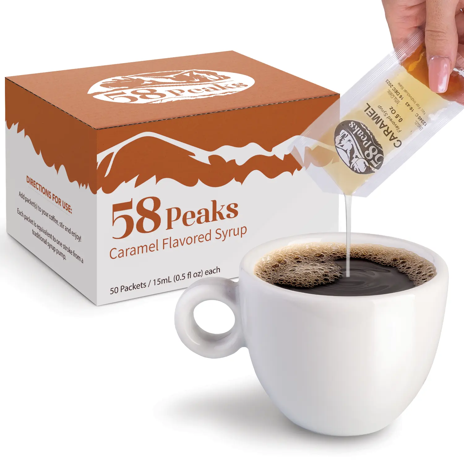 50 Count Caramel Syrup Packets for Coffee & Drinks, To-Go Single Serve Flavoring, 15mL, 58Peaks