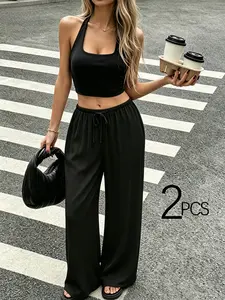 2 Piece Set Halter Top & Wide Leg Pants, Women, Drawstring, Street Style, Breathable Waffle Fabric, Perfect for Summer, Multiple Colors Available