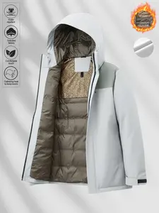 Men's Fall Winter Down Cotton Jacket, Waterproof Skiing Down Coat, Warm Outdoor Windproof Fitted Hooded Parka, Casual Thicken Clothing