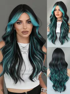 Teal Gradient Highlight 26 Inch Long Body Wavy Wig With Curtain Bangs Dark Roots - Heat Resistant Synthetic | Glueless Beginners-Friendly | Women Daily/Party/Halloween/Cosplay