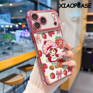 Phone Case for iPhone 17 16 Pro Max 15 Plus 14 13 12 11 Air Strawberry Girl Pattern Mobile Four Corner Anti-drop Shockproof Non-slip Silicone Transparent Protective Cover