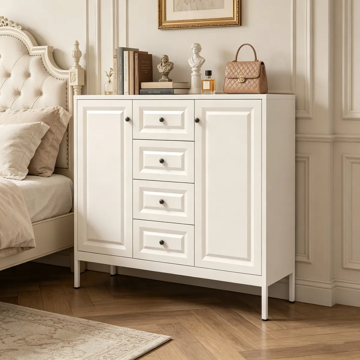 Sideboard Coffee Bar with Adjustable Shelves and Doors,40.16'' Storage Sideboard Buffet Cabinet,Adjustable Shelves Console Cabinet for Living Room,  Freestanding Accent Cabinet with 4 Drawers & 2 Doors, Kitchen ,Entryway ,Hallway ,Laundry Room(Beige)