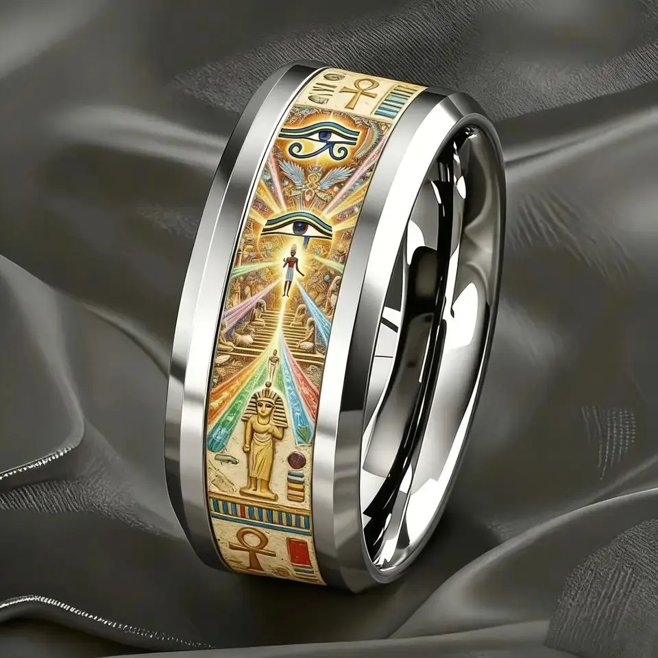Vintage Ancient Egyptian Horus Eye And Pyramid Totem Ring Retro Egypt Mythology Stainless Steel Rings for Men Women Jewelry Gift