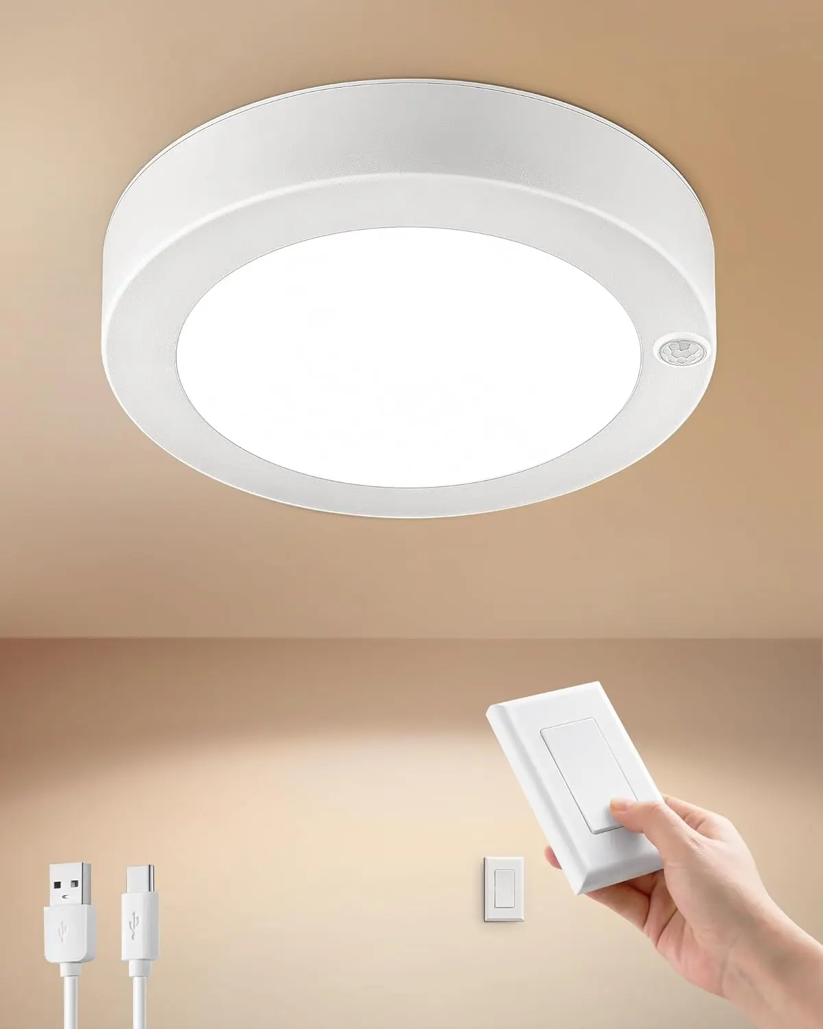 SURAIELEC Round Rechargeable Acrylic Ceiling Spot Light - LED Lights Bedroom, Indoor Lighting with Wall Switch & Remote Control, 6500K 300 LM