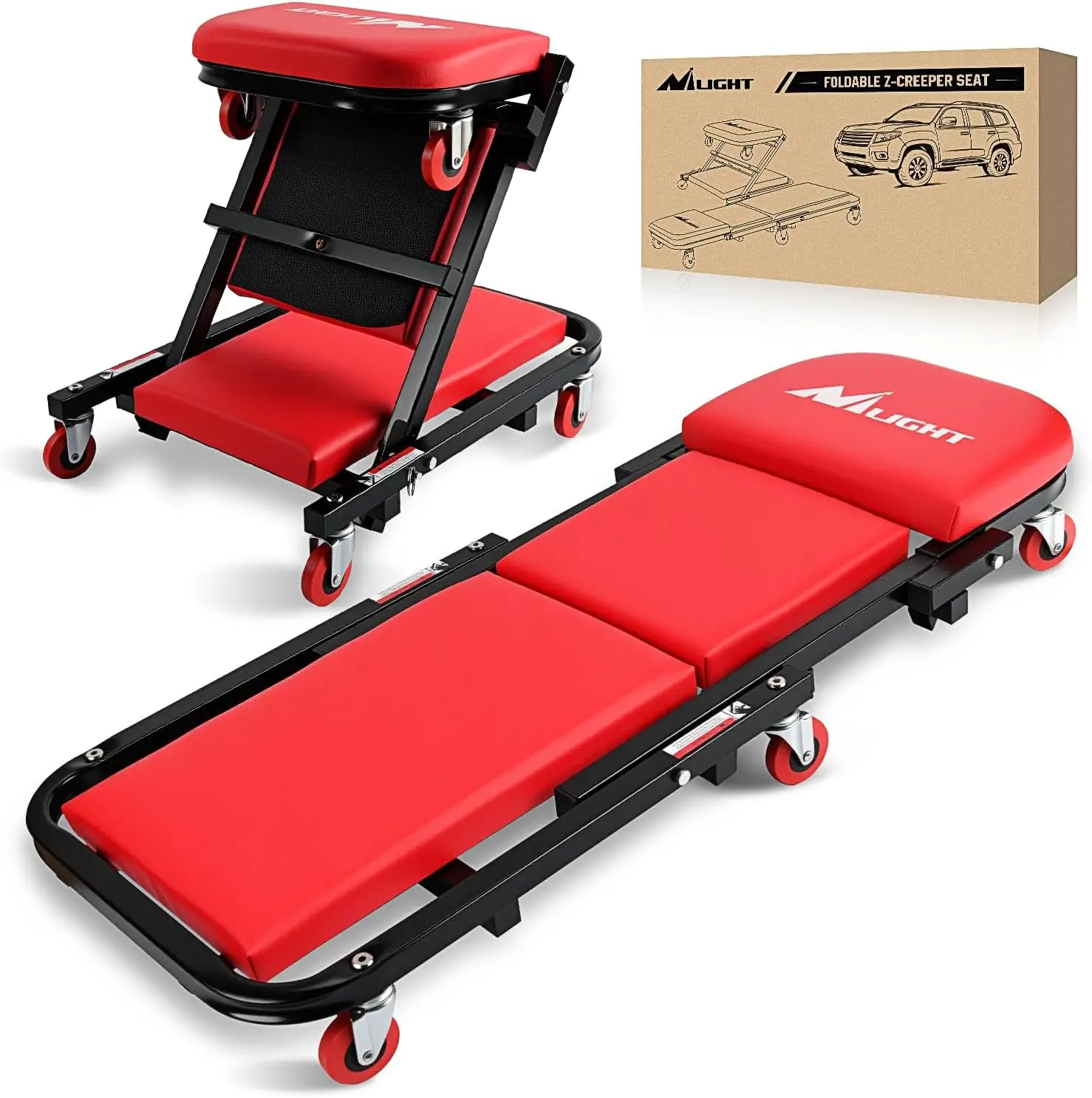 Nilight 40-in Z Creeper Foldable 2-in-1 Folding Rolling Mechanic Seat with Headrest, Casters, Reinforced Bolts, Adjustable Lay-Down/Sit Garage Chair, 330 lbs Capacity, Red Black Auto Repair Tools for Vehicle Maintenance, Automotive Vehicle Tool
