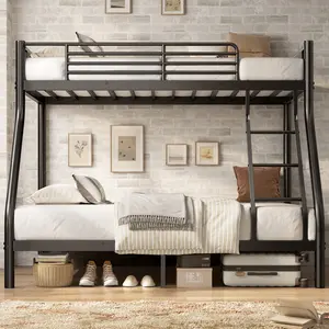 Twin Over Full Bunk Bed, Heavy Duty Metal Industrial Bunk Bed with Ladder and Guardrail for Teens/Adults, Space-Saving, No Box Spring Needed, Black