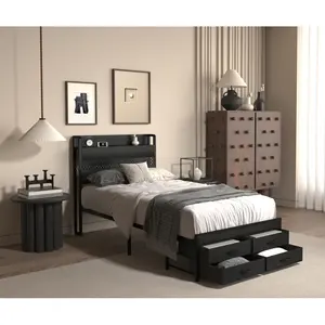 Bed Frames with Headboard, Single Size Bed Frames with Storage Drawers, Black Metal Platform Bed Frame, Single Bed Frame, No Box Spring Needed