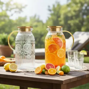 Vintage Glass Pitcher with Lid 68 oz 2 Liter Heat Resistant Carafe for Cold Brew Coffee Lemonade Iced Tea Beverage Drinkware Jugs Classic Home Serving