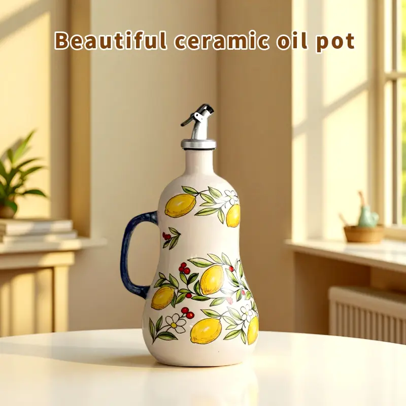 ceramic oil pot, hand-painted ceramic olive oil bottle, with handle, underglaze colored ceramic oil bottle, household kitchen vinegar bottle and seasoning bottle, suitable for home kitchen decoration