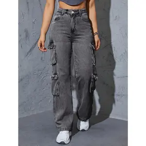 Women’s high-waisted cargo jeans with multiple pockets, dark gray washed straight-leg denim, stretchy loose casual fit, side pockets for everyday wear, streetwear bottoms