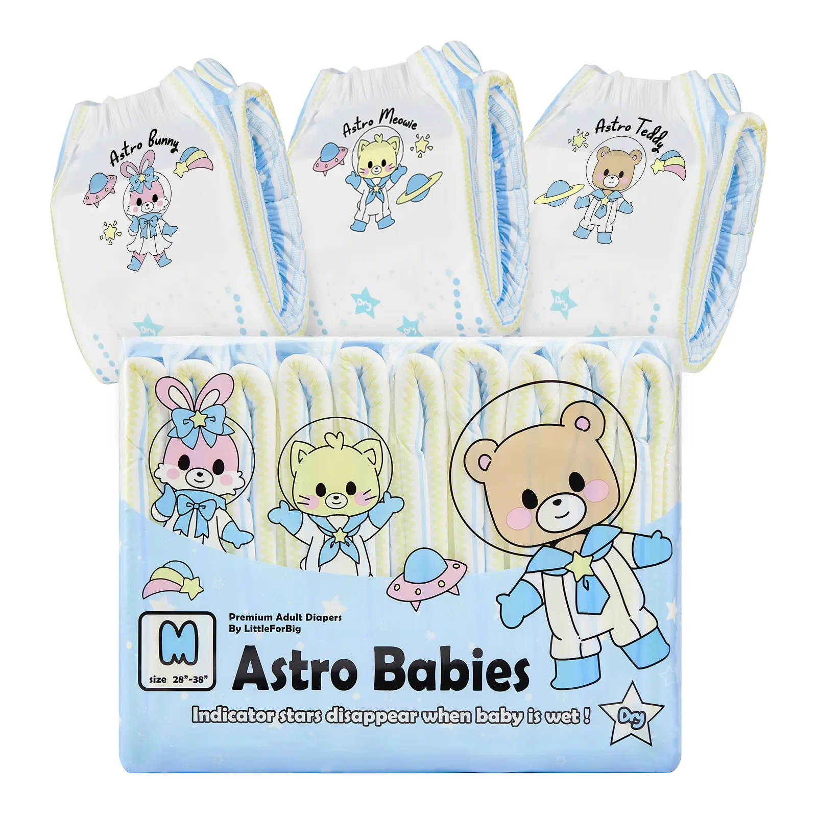 LITTLEFORBIG Astro Babies Unisex Disposable Adult Diapers, 10-Piece Single-Use Multi-Pack - Thick Fluffy Water-Absorbent Briefs with Plastic Backing, Stretchable Gathers, Retro Print, Leak Guard, Adjustable Tapes, Dry Stars Disappear When Wet