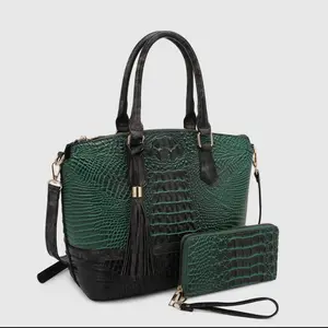 Green PU Alligator Handbag & Wallet Set with Gold Hardware Double Handles Zip Top Closure Tassels and Leopard Interior