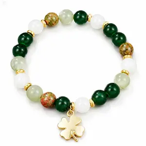 Bohemian Healing Crystal Bracelet with Lucky Four-Leaf Clover Charm, Natural Green & White Gemstone Bead Strand, Stretch Bracelet, Protective Talisman Jewelry