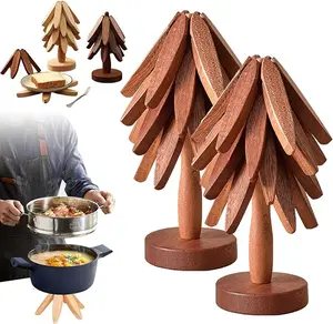 2Pcs Tree Trivet Set, Wooden Trivet Tree, Natural TreeTrivetSet, NaturalTreeTrivetSet - 4 Wooden Trivets, Foldable Trees Shape Trivets Set with Stand, Heat Resistant Pot Holders for Kitchen