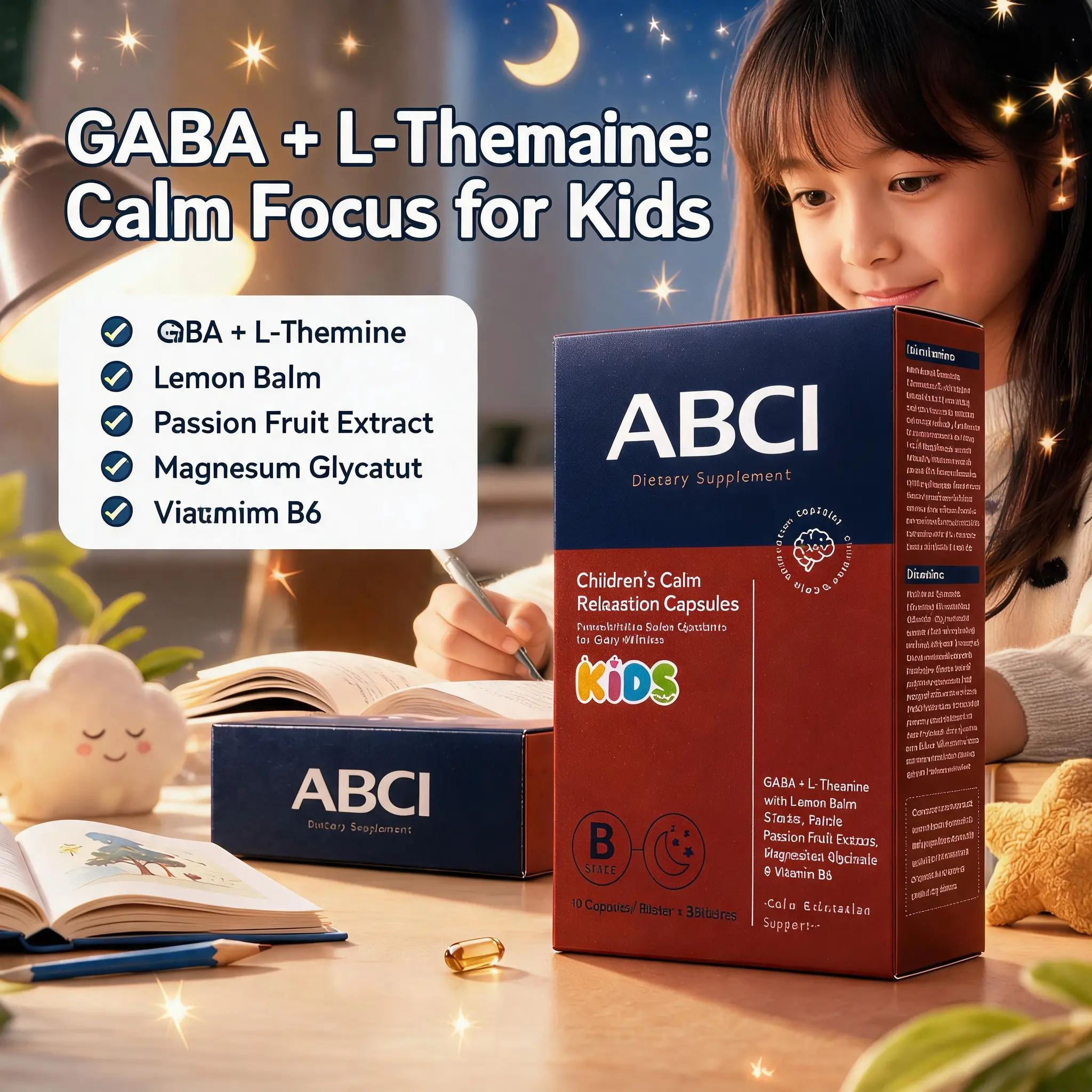ABCI Kids Calm Relaxation Edible Supplements, Children’s Anxiety & Sleep Support Capsules with GABA, L-Theanine, Lemon Balm, Swiss-Formulated for Ages 3+, Calms Nerves, Prop 65 Safe