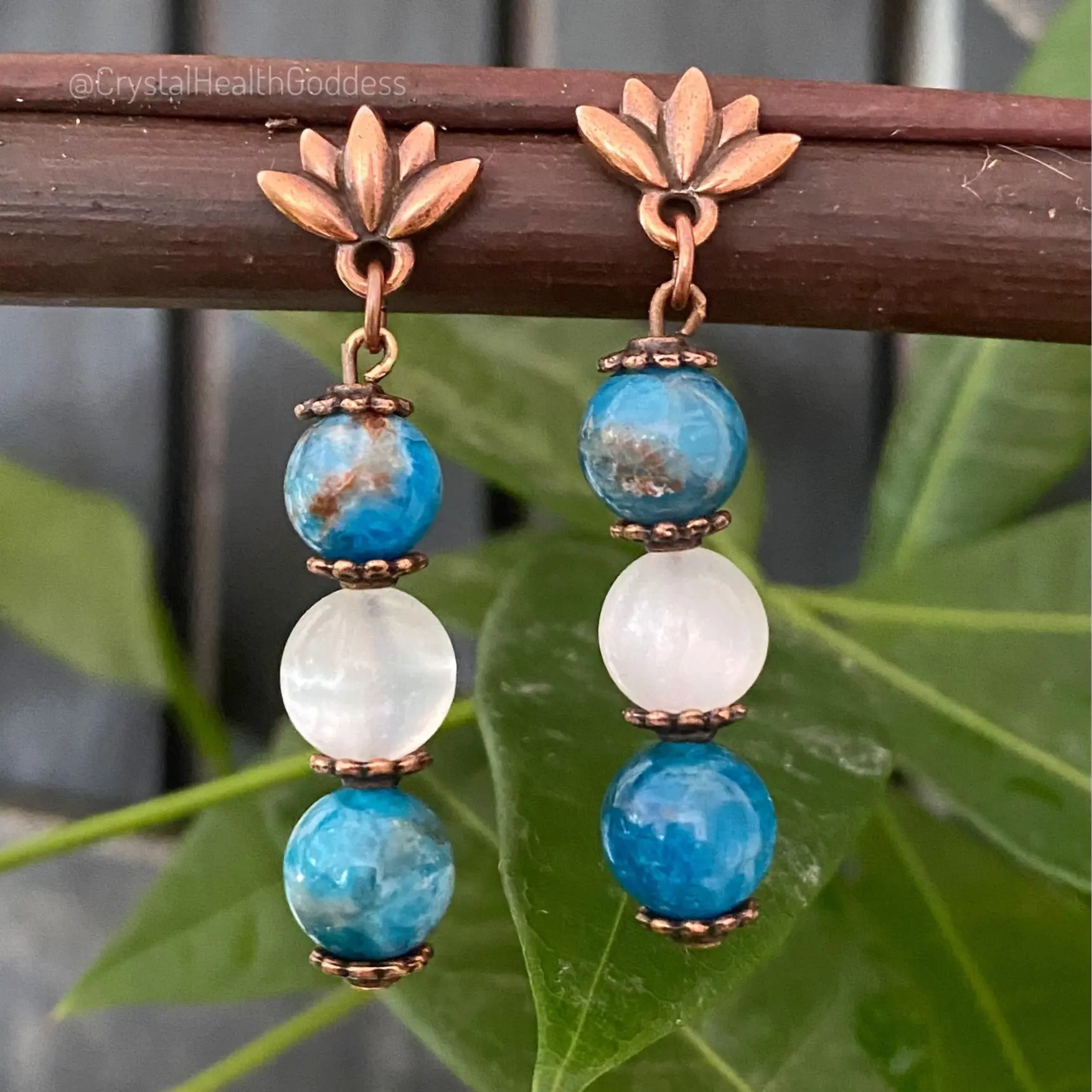 Blue Apatite Selenite Antique Copper Lotus Flower Earrings