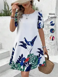 Women's Summer Loose-Fitting Floral Print Round Neck Dress, Boho Style with Short Sleeves for Beach Vacation and Casual Outings