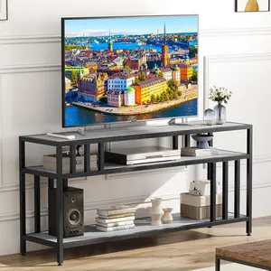 Farmhouse Wooden Entertainment TV Stand, Rustic Grey 58in Wood Grain Finish with Metal Frame, Quadruple Tube Support, Open Storage Shelves, Adjustable Legs, Media Console for TVs Up to 65in - Living Room, Bedroom, Farmhouse Tv Stands