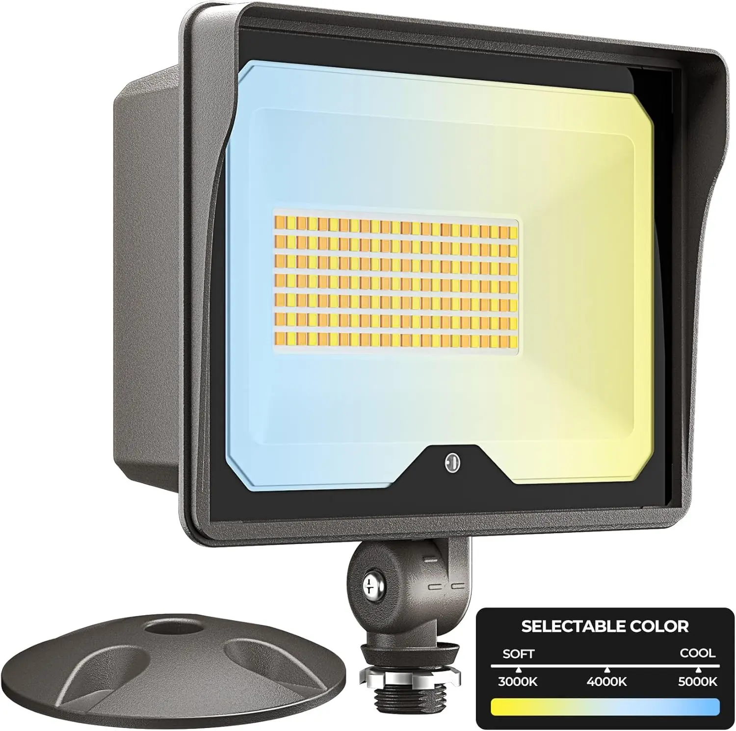 55W LED Flood Light 3CCT (3000K/4000K/5000K), 7700LM Dusk-to-Dawn Photocell Outdoor Security Lighting, 120V IP65 Aluminum Wall Pack for Porch/Barn, 180° Knuckle Mount, 2 Modes, ETL, 1 Pack