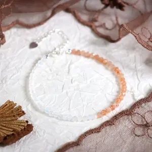 Natural Dainty Sunstone & Moonstone 2mm Tiny Beads Peach Crystal Healing Charka Crystal Silver-Plated Chain Minimalist Bracelet Gift for Women