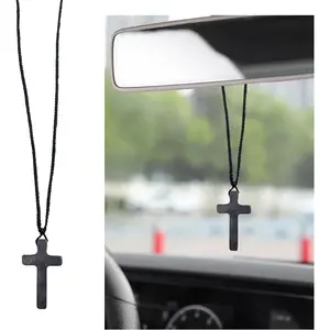 Natural Wooden Cross Pendant Necklaces, Adjustable Handcrafted Wooden Car Rearview Mirror Pendant, Universal Vehicle Rear View Mirror Decoration for Men and Women (Standard, Black)