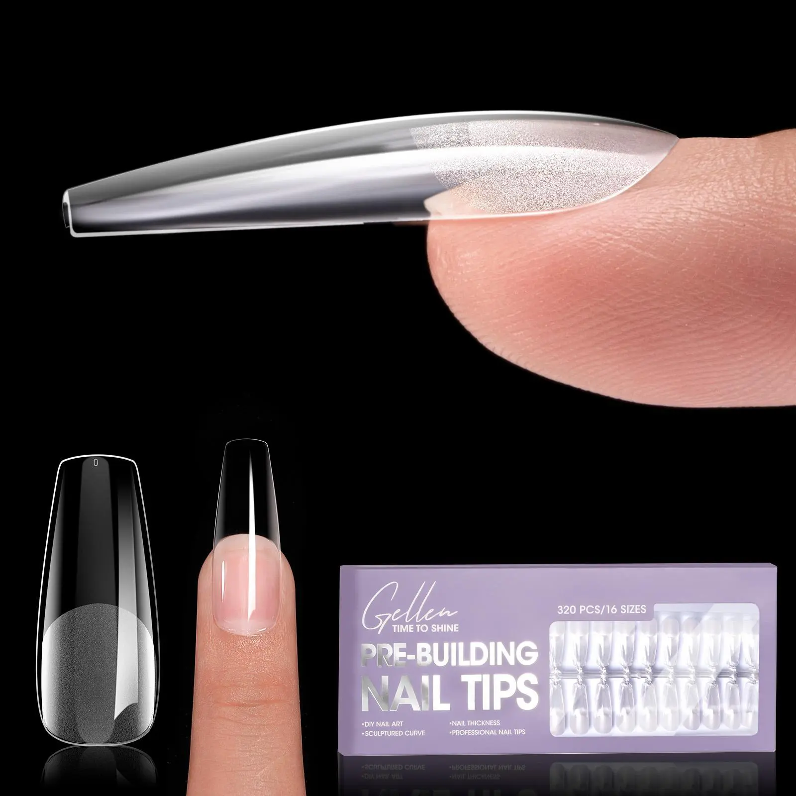 Gellen Long Coffin Soft Gel Tips, 320pcs Pre-Sculpted Full Cover Extensions with Built-in Apex for Flat Nails & Gel Nail Art (16 Sizes), Nail Tech