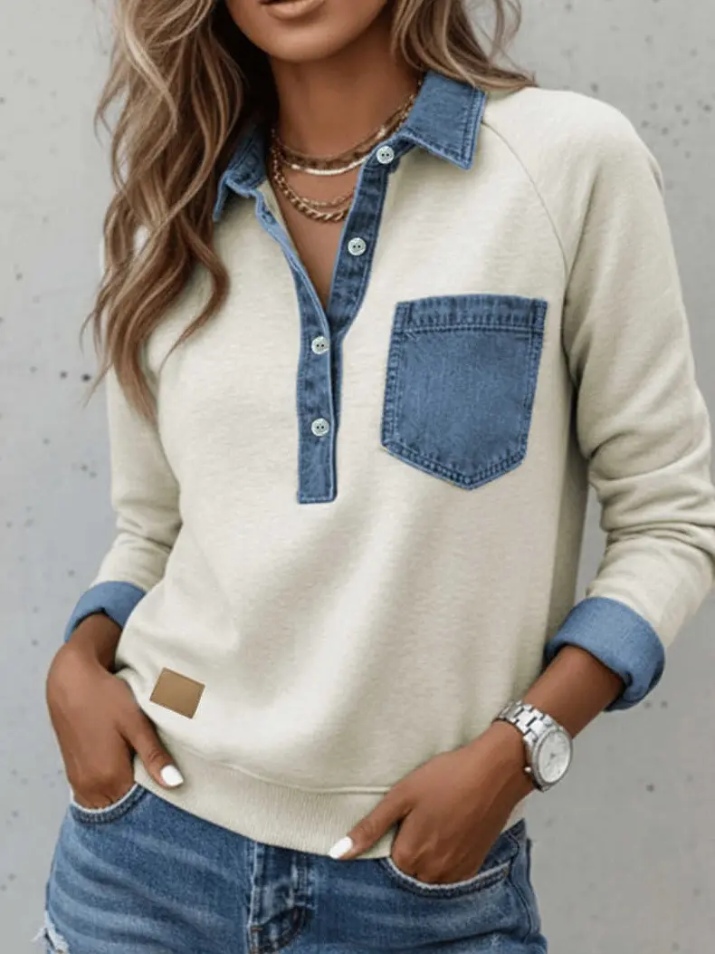 Women’s Denim Collar Patchwork Pullover Top, Long Sleeve Casual Shirt with Button Placket and Roll-Up Cuffs, Regular Fit Everyday Blouse for Travel, Weekends and Daily Wear,Womenswear, Grey, Collared