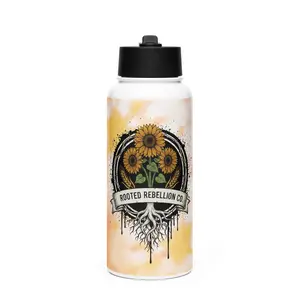 Stainless steel Rooted Rebellion water bottle with a straw lid