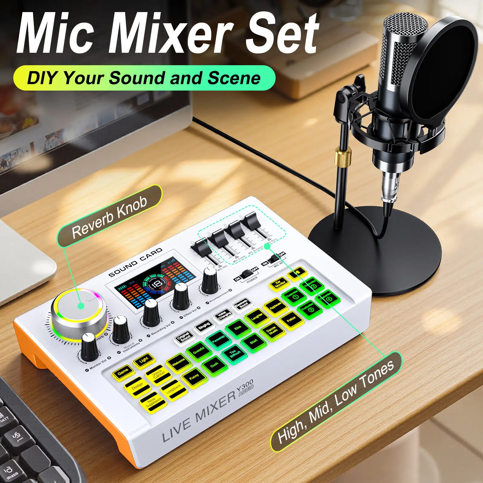 Y300 Podcast Audio Mixer Kit includes a P15 microphone, one-button