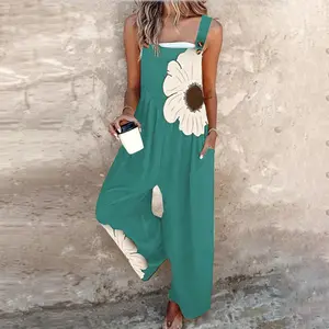 Women's 2025 Spring Floral Print Overalls Jumpsuits One Piece Sleeveless Wide Leg Long Pants Rompers with Pockets Casual Soft Lightweight Stretchable Beachwear