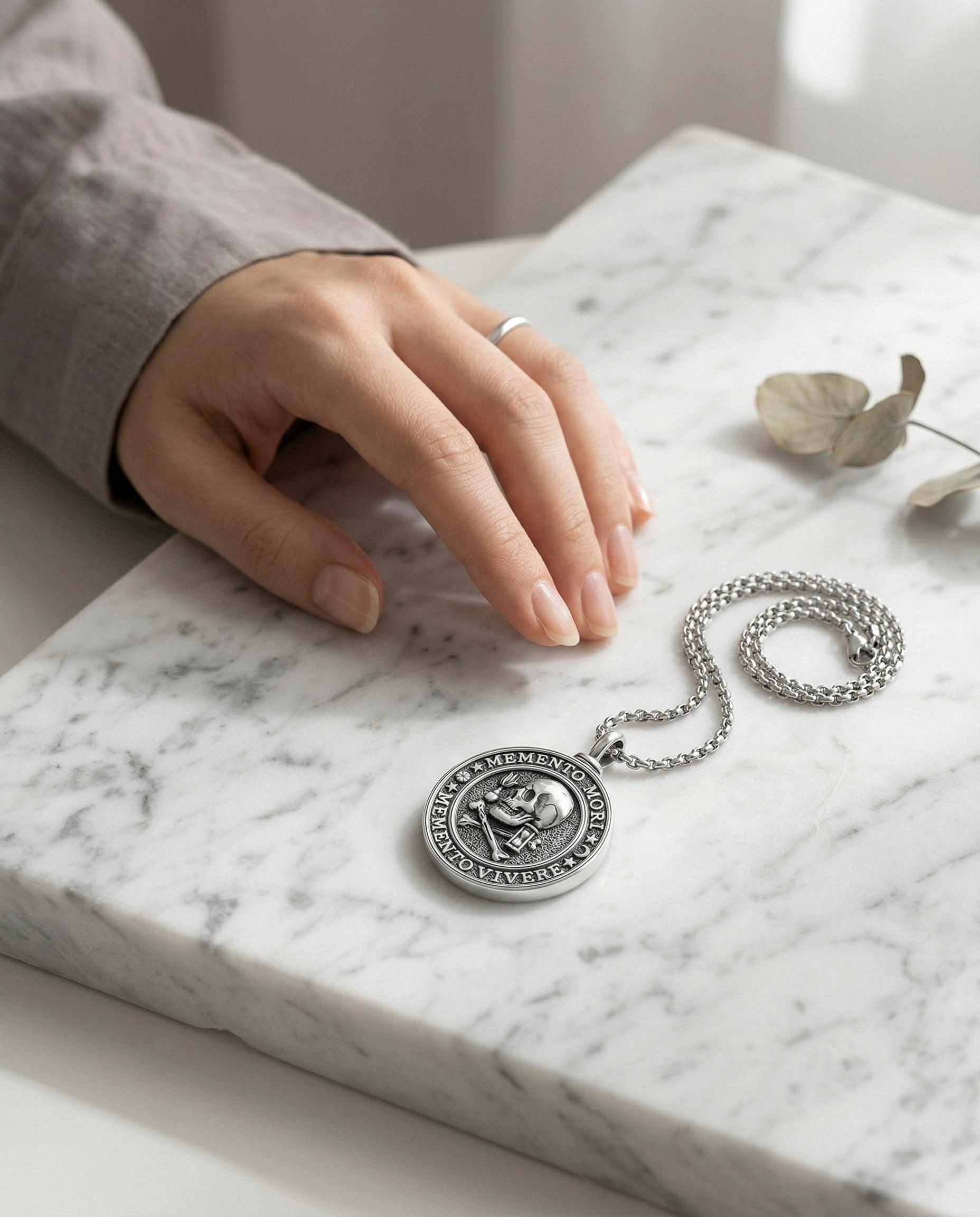 MEIDERBO Dream Chaser Memento Mori Urn Necklace 925 Sterling Silver Oxidized Finish Carpe Diem Pendant Captain Steel Style Stainless Steel Bead Chain 22+2 Inch