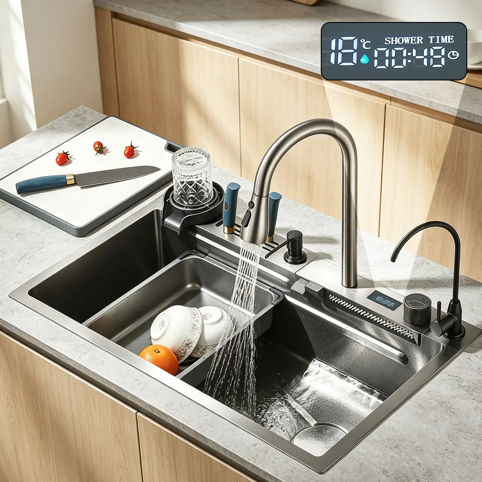 Stainless Steel Workstation Kitchen Sink, 30x18 Inch Black Gray Digital Display Waterfall Single Bowl Deep Basin with Pull-Out Faucet, Cup Washer, Cutting Board, Drain Basket for Household Use