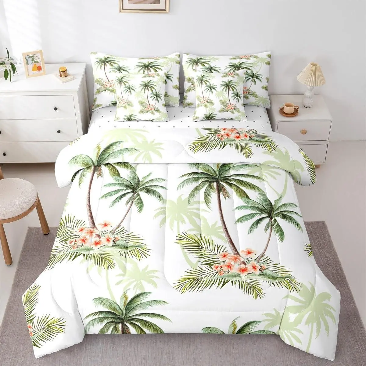 Palm Tree Comforter Set Vintage Red Flower 7 Pieces Bedding Hawaiian Tropical Leaves Bed Set Plant Petals Green Branches Bed in A Bag
