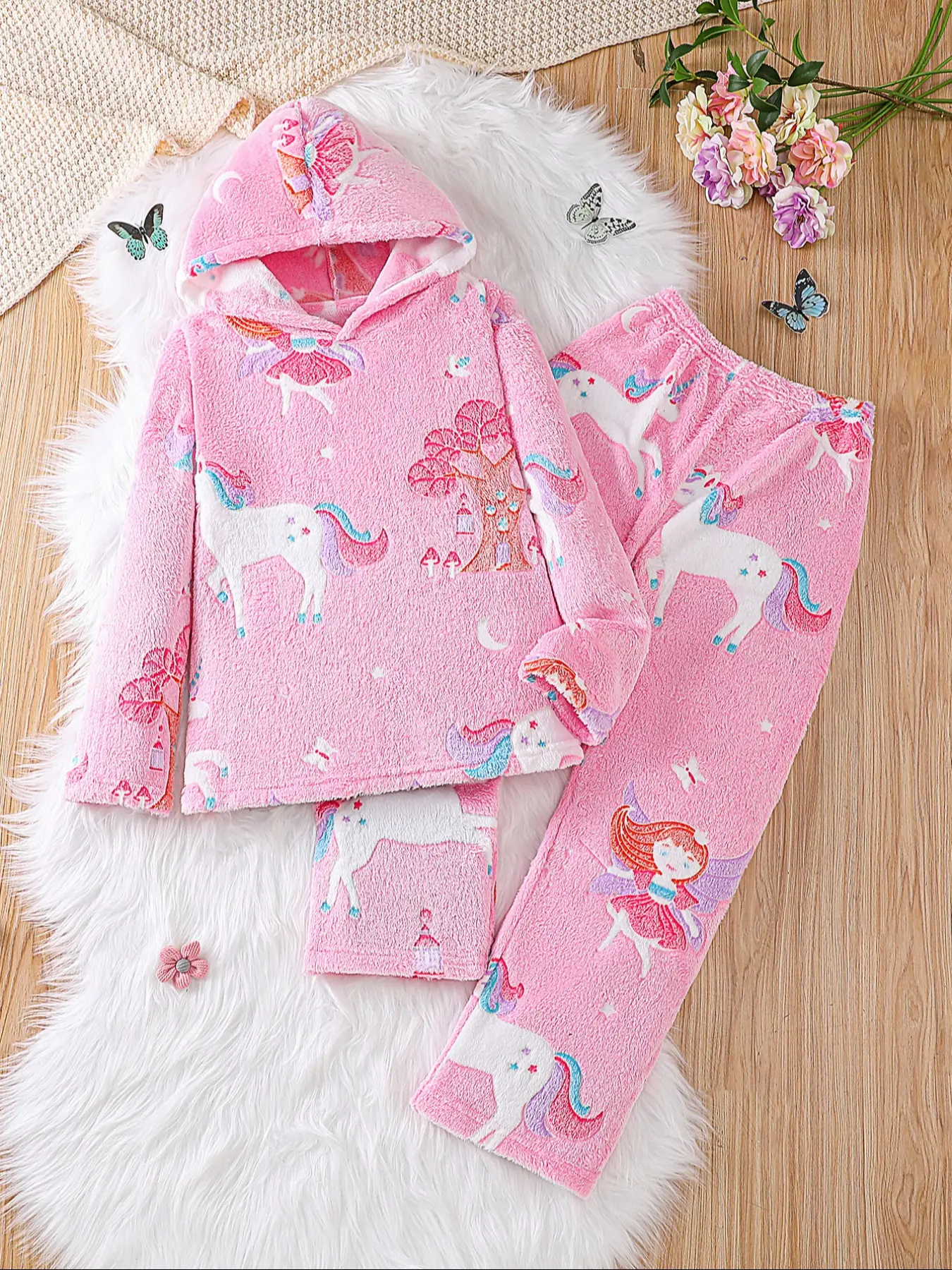 Kids' Colorful Unicorn Treehouse Butterfly Night Glow Plush Pajamas Set, Soft Long Sleeve Top & Pants, Fall Winter Casual Home Wear