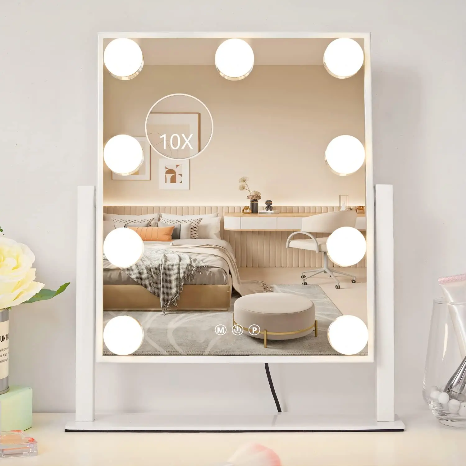 White LED Rotating Vanity Mirror - Compact, Durable, Frosted LEDs, 3 Color Adjustable Lighting Modes, Touch Control Switch, 360° Rotation, Detachable 10X Magnification Mirror with Rubber Grip, Ideal for Bedroom Decor, Changing Rooms, Makeup Novice