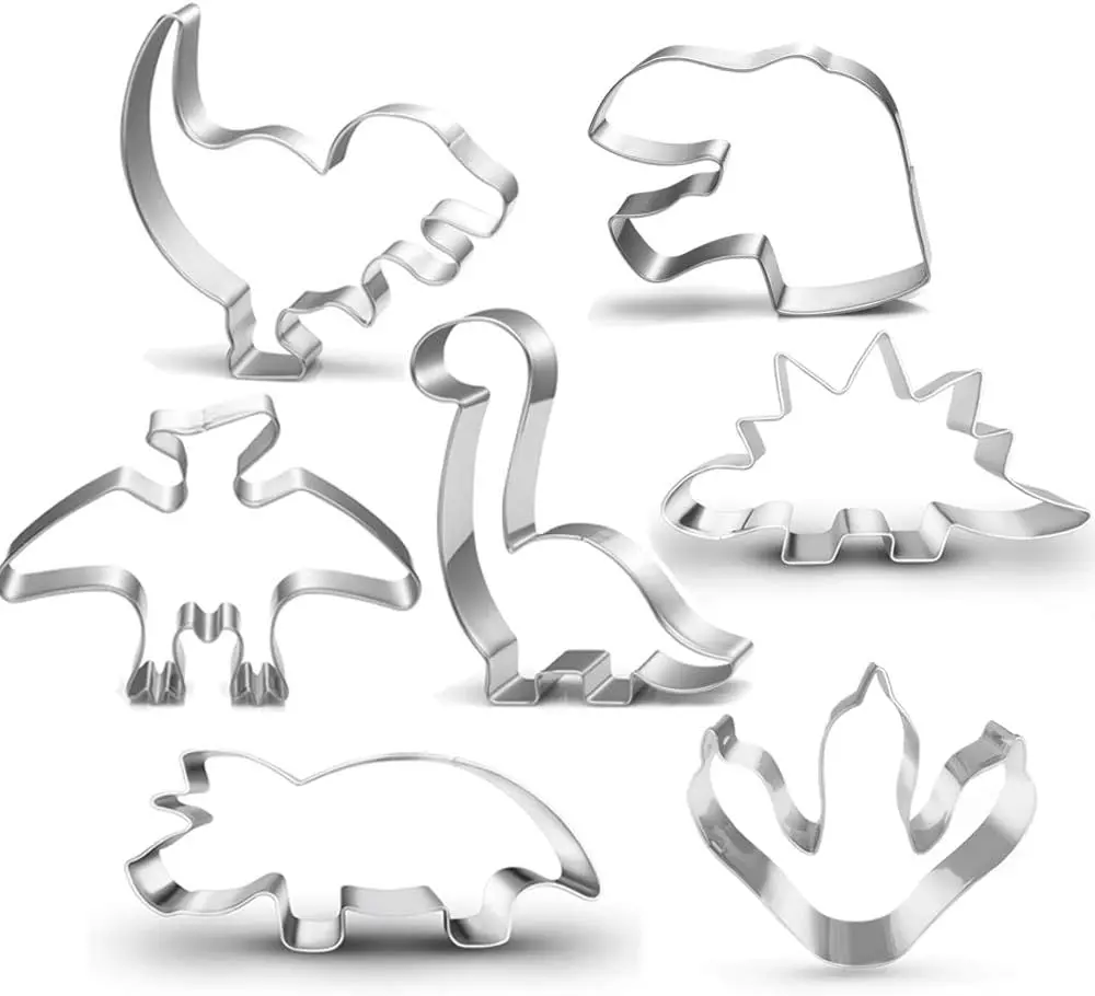 Pack Of 7 Cookie Cutters Dinosaur Cookie Cutters, Triceratops, Stegosaurus, T-Rex, Brontosaurus, Dino Footprint Baking Mold for Dinosaur Birthday Party