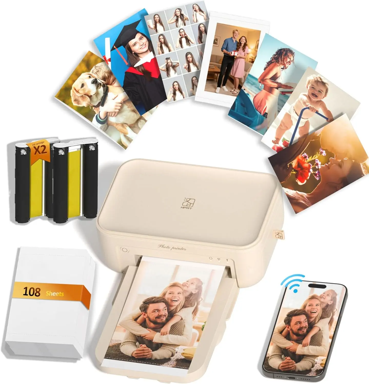 HPRT 4x6 Wireless Portable Photo Printer- Beige,  Dye-Sublimation, Instant Print with 108 Sheets  Photo Papers & 2 Ribbon, Photo AR Video, iPhone & Android