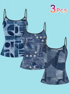 Women's Denim Patchwork Printed Strapless Vest Top, Slim-Fitting Sleeveless Shirt, Vintage Cool Casual Wear, All Seasons