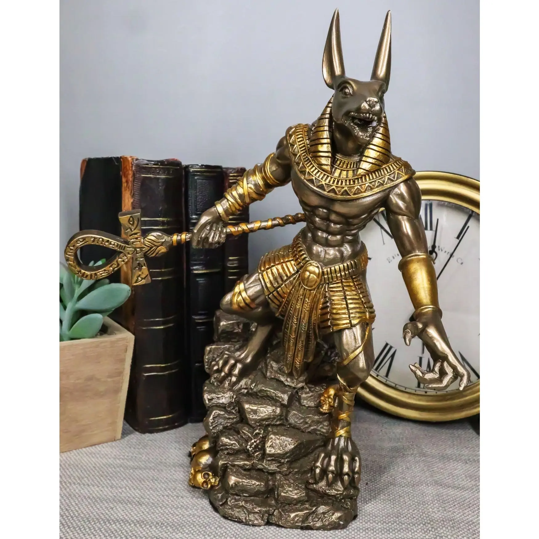Bronzed Egyptian Jackal God Anubis Sculpture - With Ankh Spear On Skull Graveyard, Collectible Afterlife Home Decor Ornament for Home Supplies Display