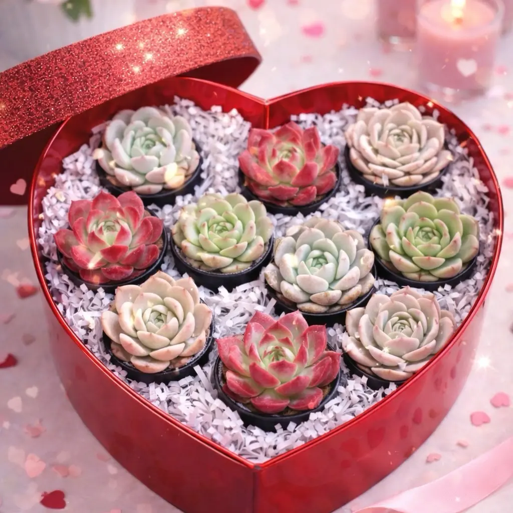Valentines Day Gift Box of Echeveria Rosette Succulents