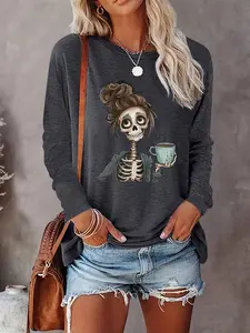 Women's Halloween Graphic Print Round Neck Sweatshirt, Casual Long Sleeve Crew Neck Pullover for Fall & Winter, Women's Clothes for Daily Wear