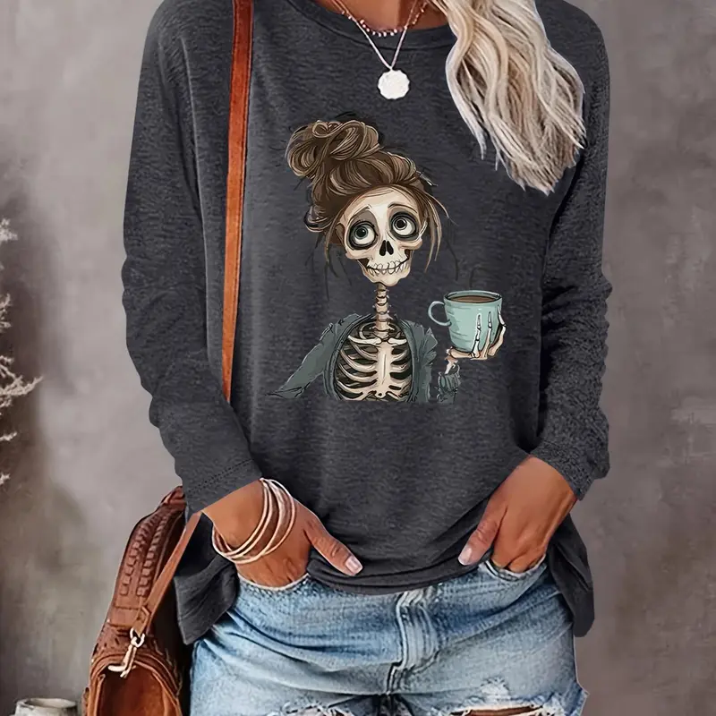 Women's Halloween Graphic Print Round Neck Fashion Sweatshirt, Goth Aesthetic Graphic Pullover, Casual Long Sleeve Crew Neck Pullover for Fall & Winter, Women's Clothes for Daily Wear, Womenswear