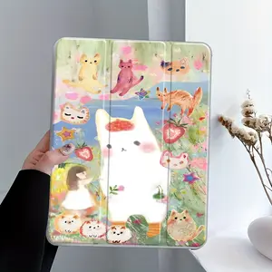 Cute Whimsical Cat iPad Case transparent acrylic hard back panel, with pencil slot，suitable for ipad mini pro air.  Scratch-resistant ultra-thin protective case, shock-resistant full cover protective case suitable for offices schools and homes