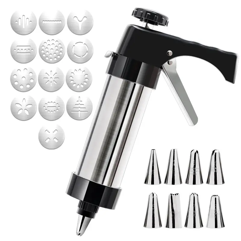 Cookie Press Gun Kit，13-piece Stainless Steel Biscuit Maker with 13 Decorating Discs & 8 Piping Tips, Durable Butter Cookie Shooter for DIY Biscuits