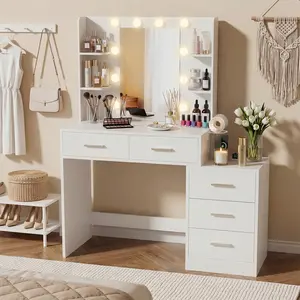 FURMAX Makeup Vanity Desk with Mirror and Lights, Vanity Table with Charging Station & Hair Dryer Holder, Dresser with 5 Drawers & Storage Shelves for Bedroom